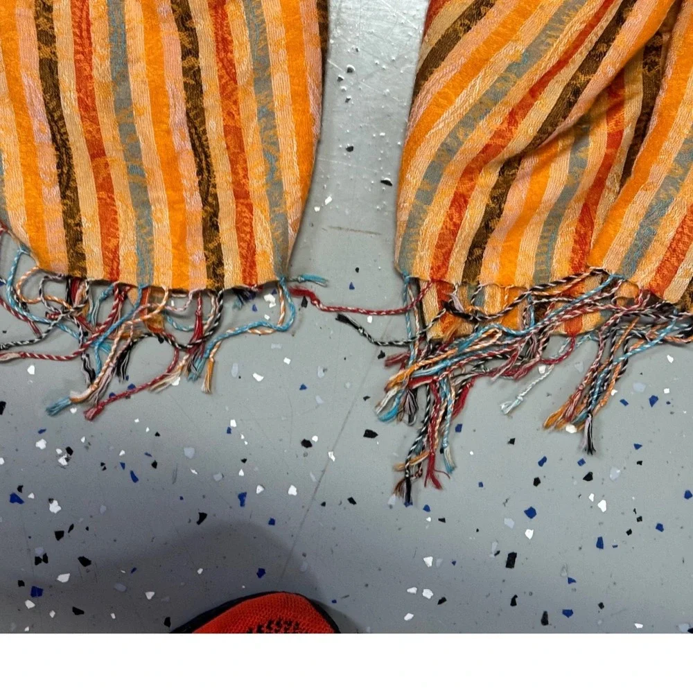 Womens Striped Boho Scarf Orange Blue Brown Fringed Lightweight Wrap Pashmina